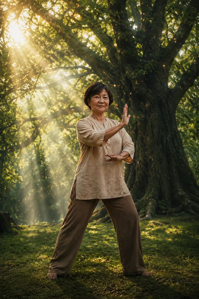 Shizue Naka praticando Taichichuan ao ar livre